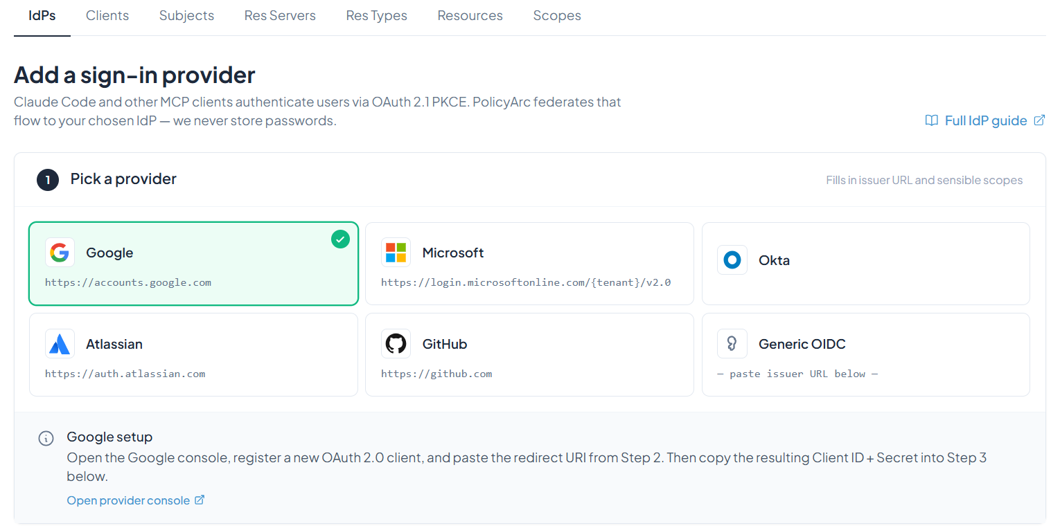 Select Google as IDP