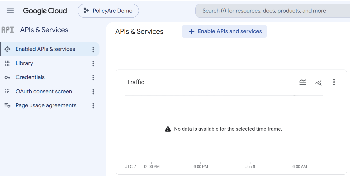 APIs & Services dashboard with the Enable APIs and services button