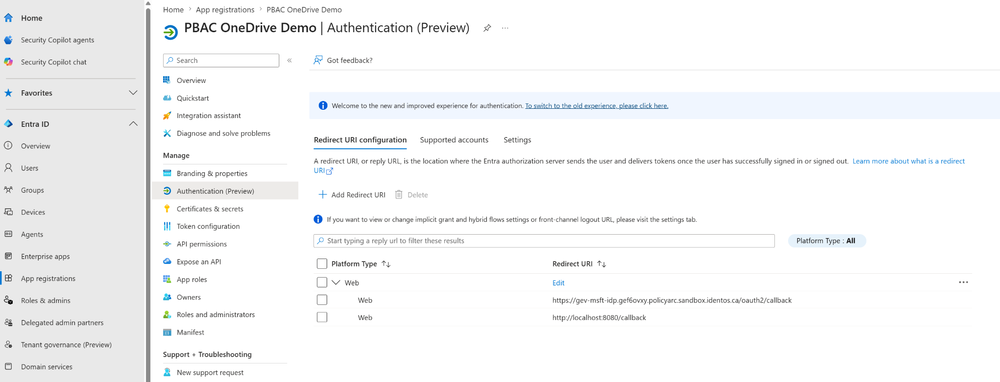 Authentication redirect URI