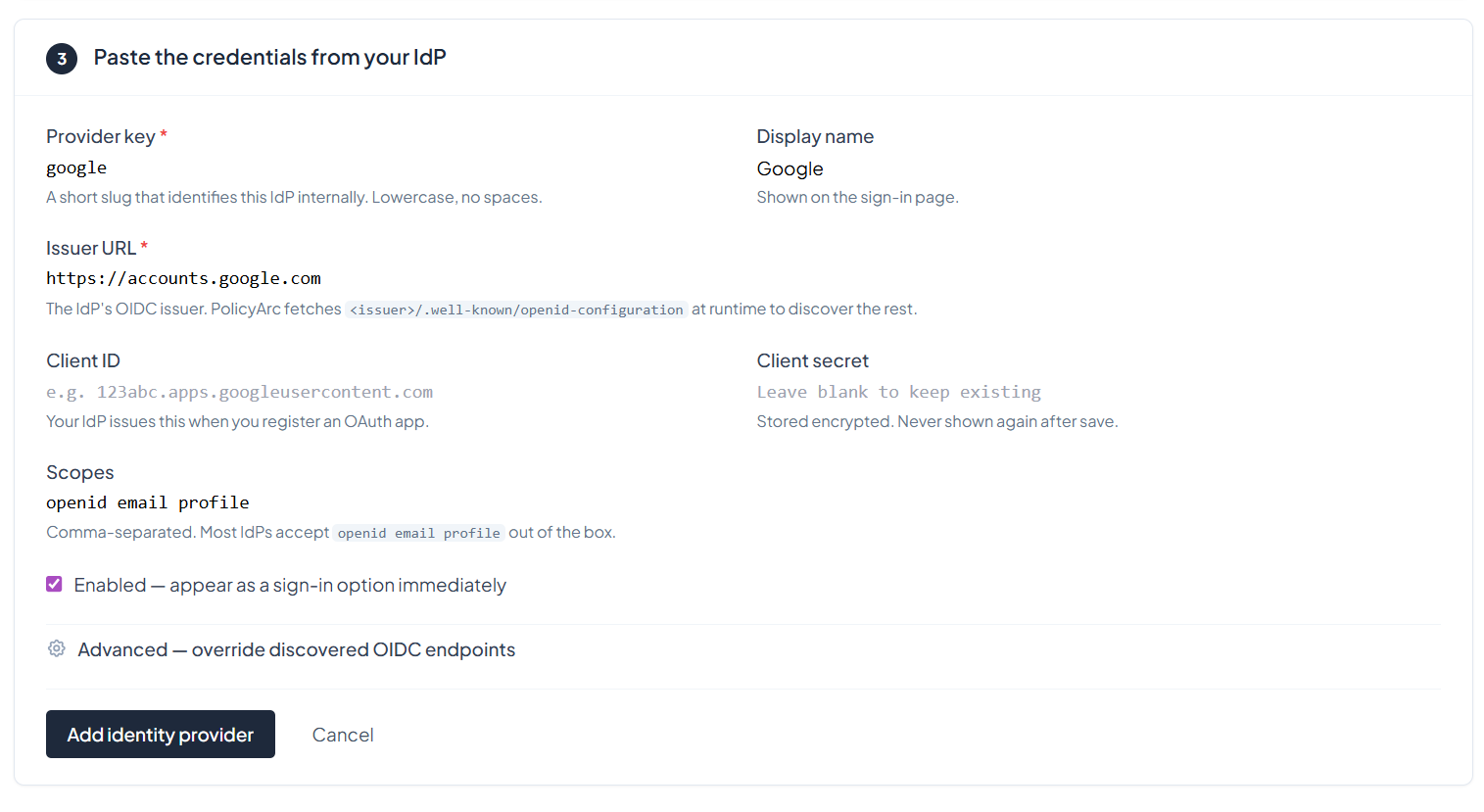 Client credentials popup detail