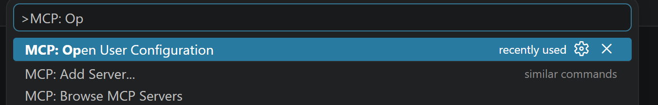 Command palette — MCP: Open User Configuration