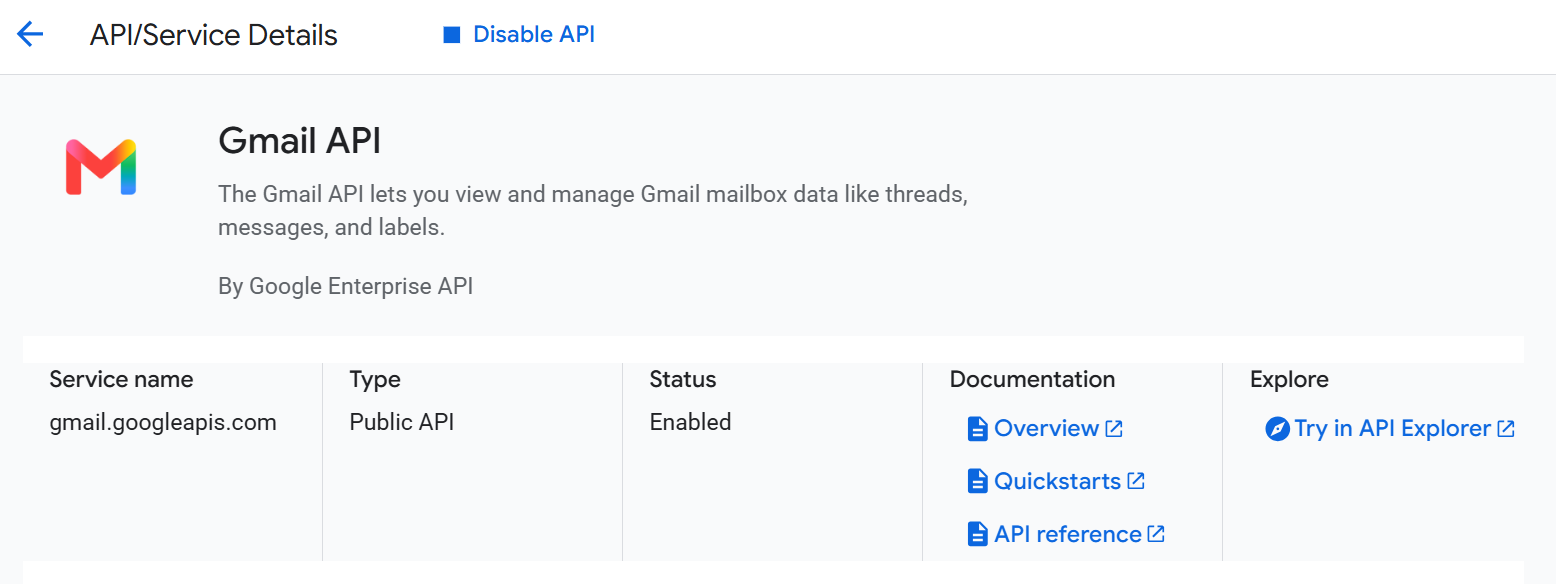 Gmail API enabled — status set to Enabled