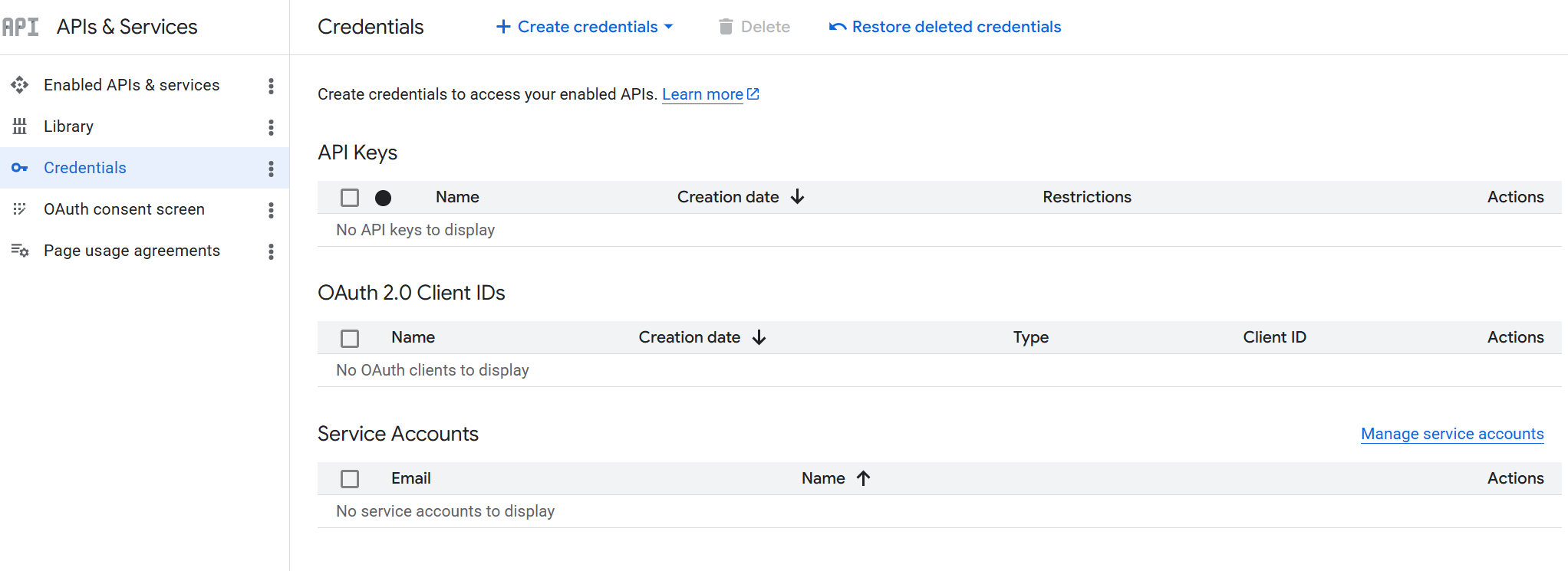 Google Cloud credentials page