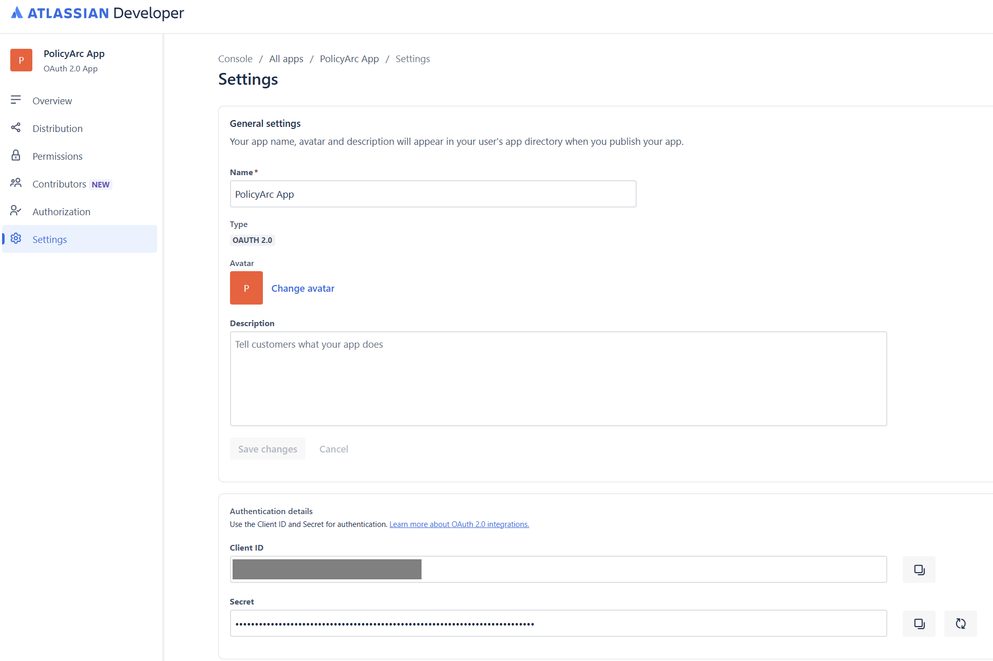 Settings — Client ID + Secret